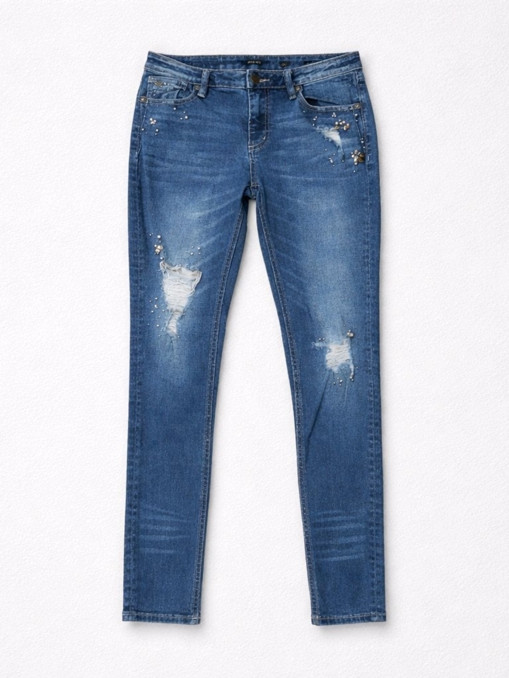 Miss Me Embellished Distressed Skinny Jeans - Blue